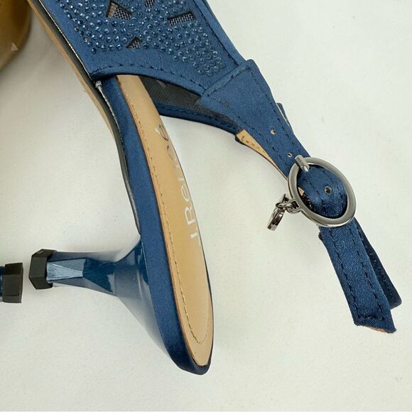 J. Renee ARATA Navy Blue Sparkle Laser Cutout Lace Mesh Open Toe Slingback Heels - Picture 14 of 16